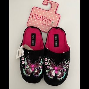 NWT Olivia Miller Womens Black Slip On Slippers Sequined Butterfly - Size Small